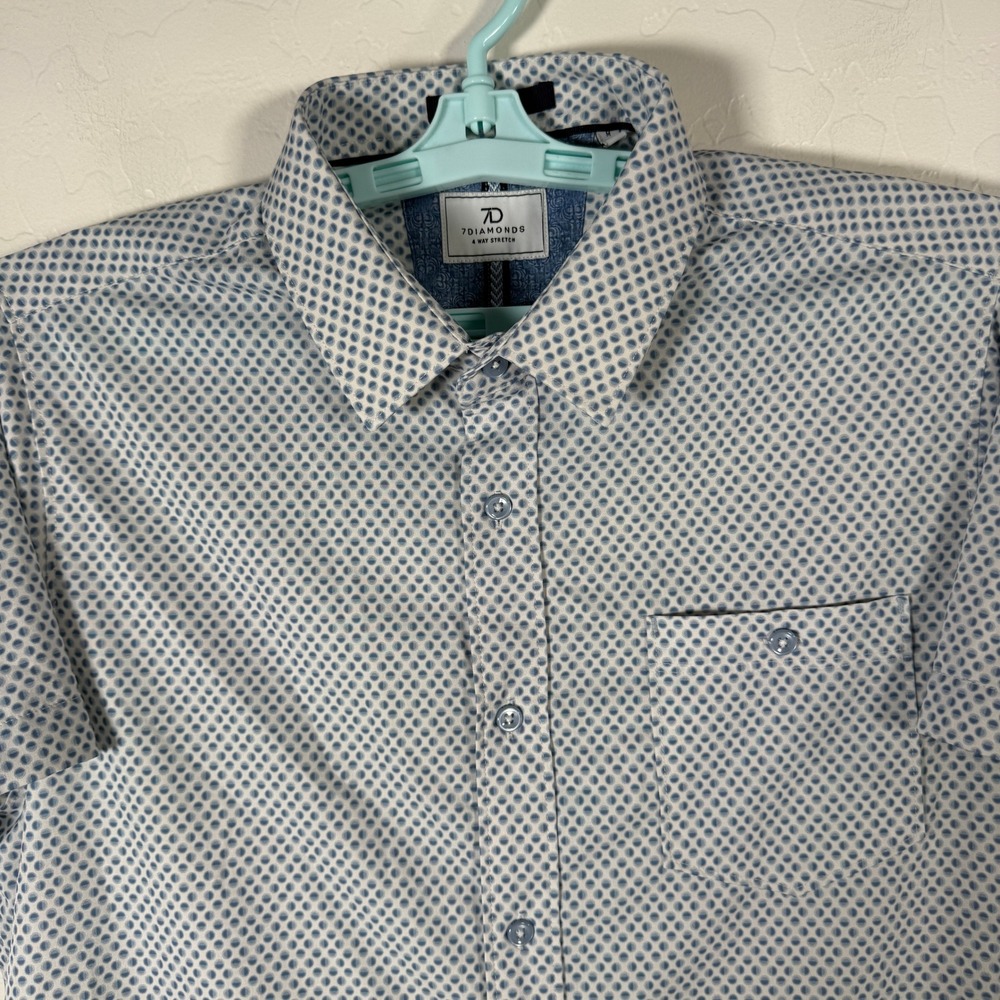 7 Diamonds Shirt Mens Medium White Blue Button Up 4 Way Stretch Polka Dot